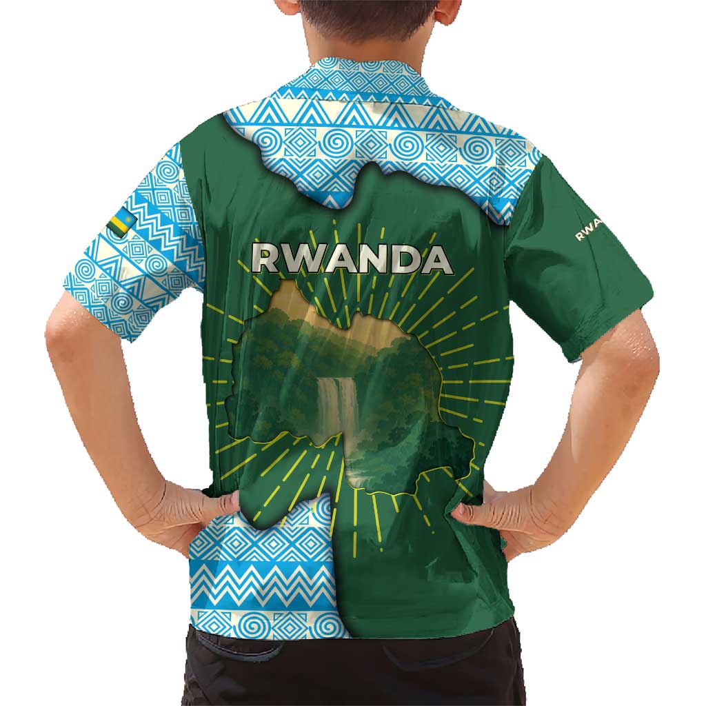 Rwanda Family Matching Short Sleeve Bodycon Dress and Hawaiian Shirt with Green Nature Map Waterfall Sunburst Spirit