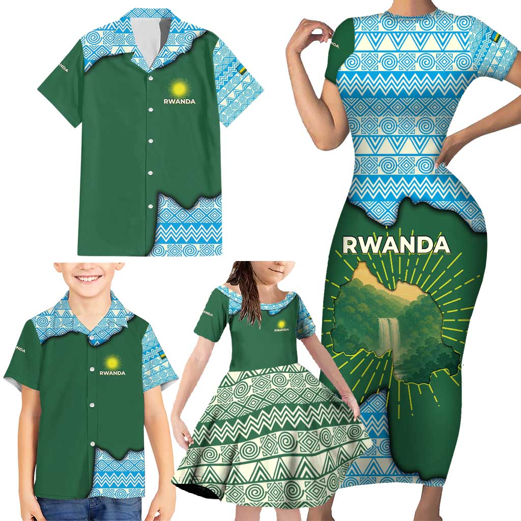 Rwanda Family Matching Short Sleeve Bodycon Dress and Hawaiian Shirt with Green Nature Map Waterfall Sunburst Spirit