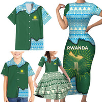 Rwanda Family Matching Short Sleeve Bodycon Dress and Hawaiian Shirt with Green Nature Map Waterfall Sunburst Spirit