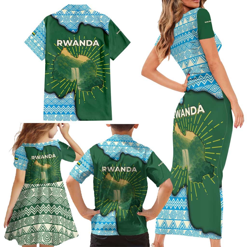Rwanda Family Matching Short Sleeve Bodycon Dress and Hawaiian Shirt with Green Nature Map Waterfall Sunburst Spirit