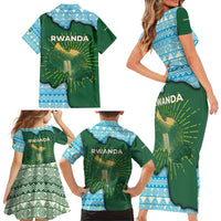 Rwanda Family Matching Short Sleeve Bodycon Dress and Hawaiian Shirt with Green Nature Map Waterfall Sunburst Spirit