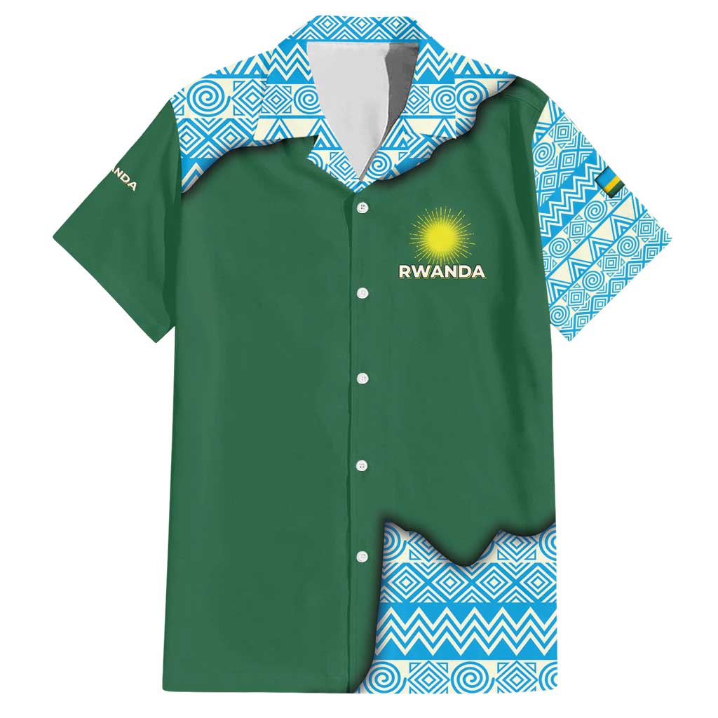 Rwanda Family Matching Short Sleeve Bodycon Dress and Hawaiian Shirt with Green Nature Map Waterfall Sunburst Spirit
