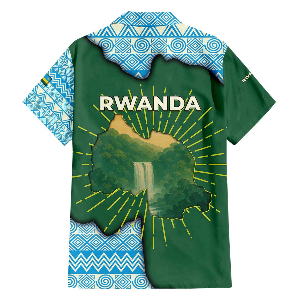 Rwanda Family Matching Short Sleeve Bodycon Dress and Hawaiian Shirt with Green Nature Map Waterfall Sunburst Spirit
