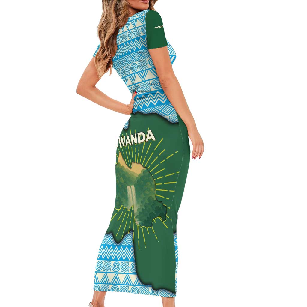 Rwanda Family Matching Short Sleeve Bodycon Dress and Hawaiian Shirt with Green Nature Map Waterfall Sunburst Spirit