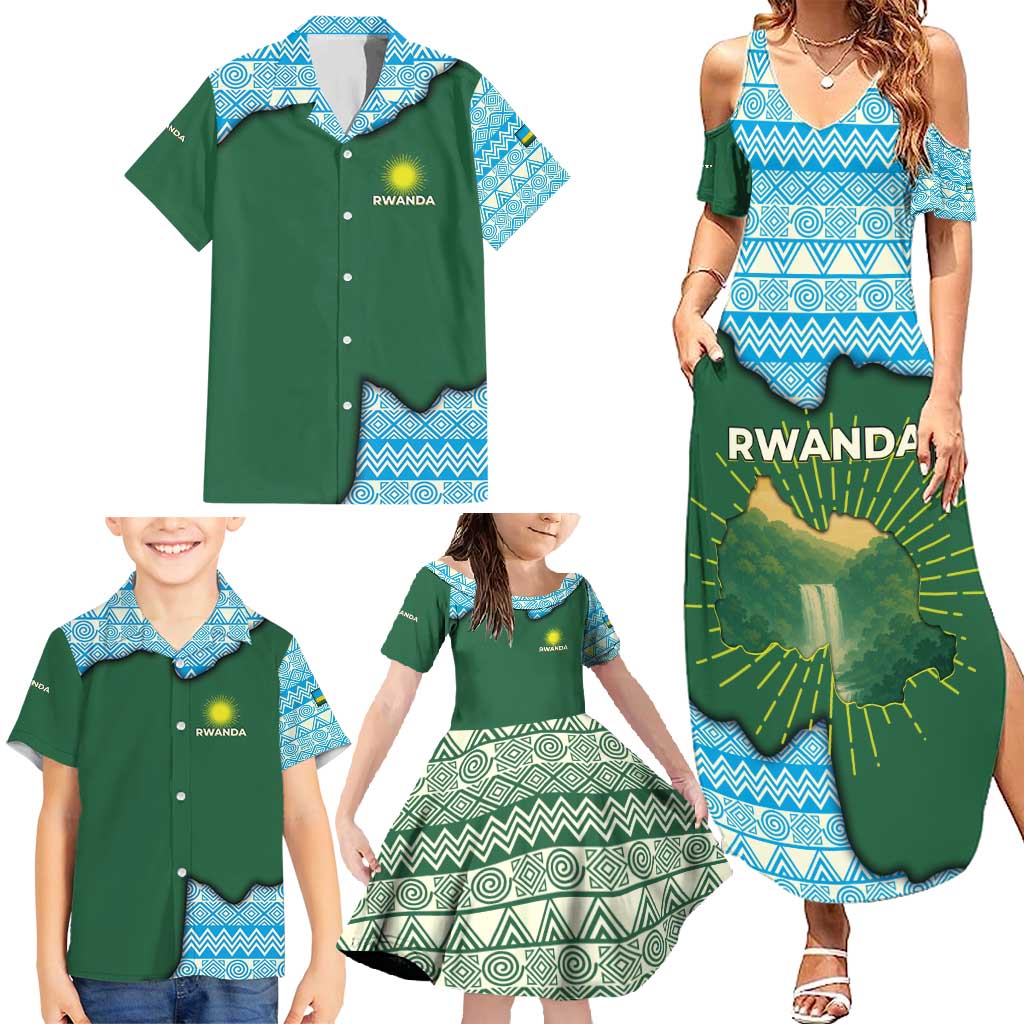 Rwanda Family Matching Summer Maxi Dress and Hawaiian Shirt with Green Nature Map Waterfall Sunburst Spirit