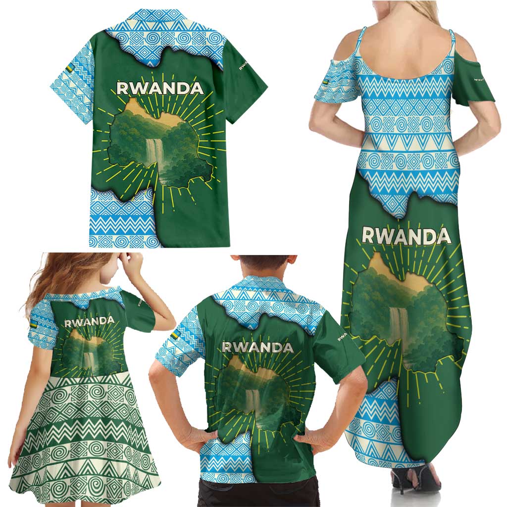 Rwanda Family Matching Summer Maxi Dress and Hawaiian Shirt with Green Nature Map Waterfall Sunburst Spirit