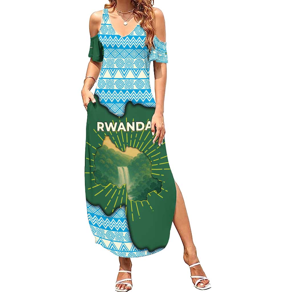 Rwanda Family Matching Summer Maxi Dress and Hawaiian Shirt with Green Nature Map Waterfall Sunburst Spirit
