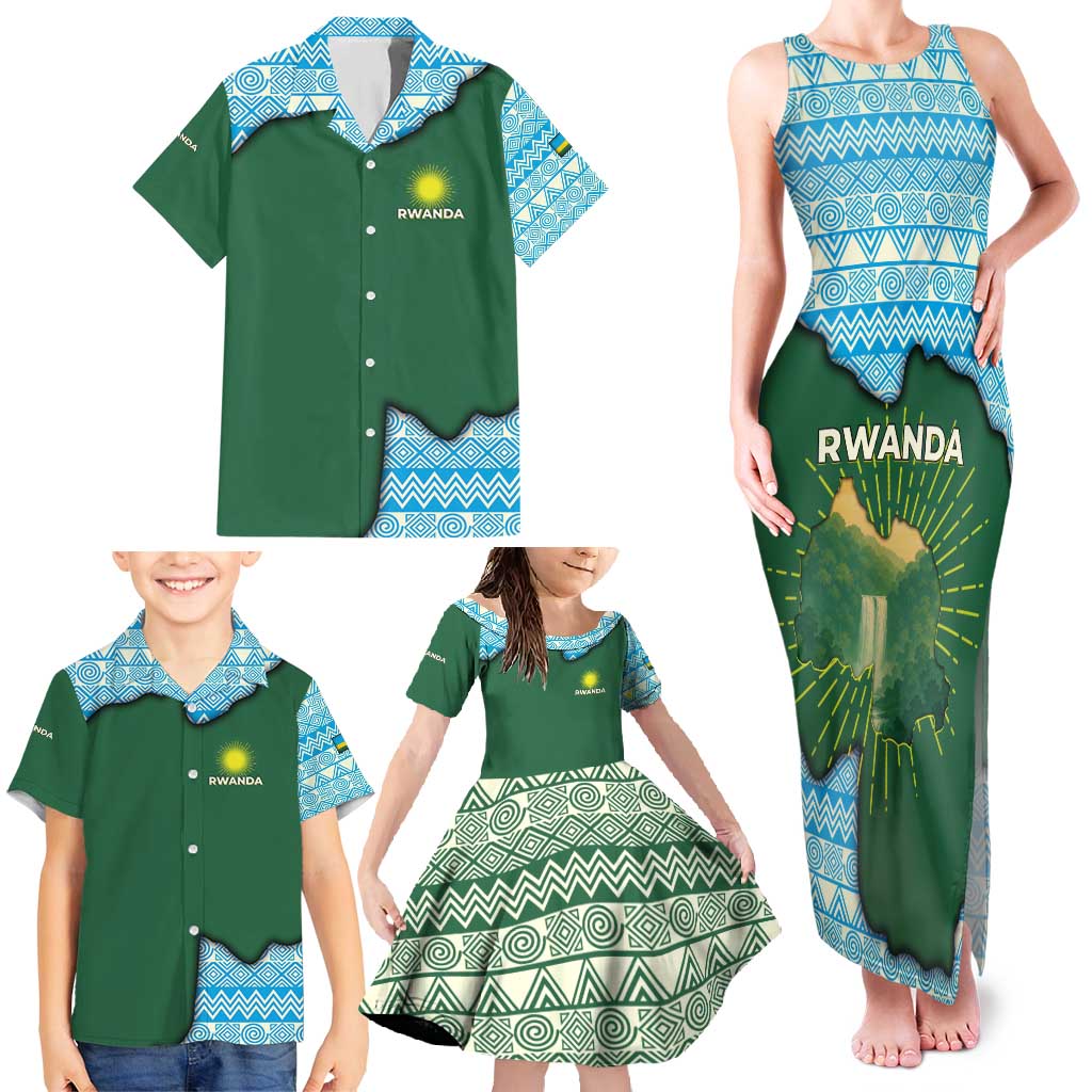 Rwanda Family Matching Tank Maxi Dress and Hawaiian Shirt with Green Nature Map Waterfall Sunburst Spirit