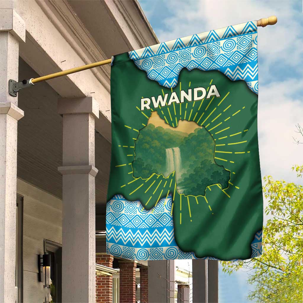 Rwanda Garden Flag with Green Nature Map Waterfall Sunburst Spirit