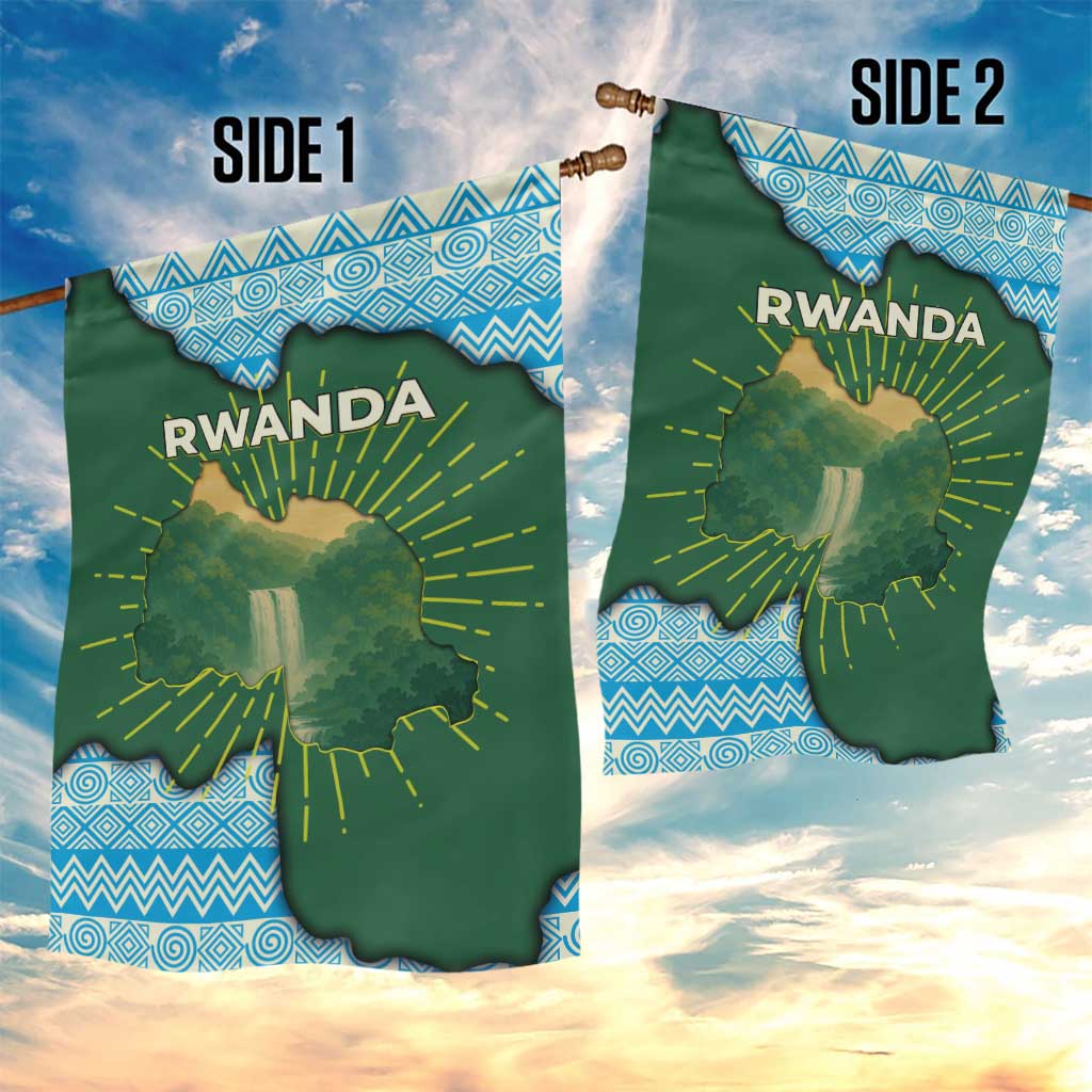 Rwanda Garden Flag with Green Nature Map Waterfall Sunburst Spirit