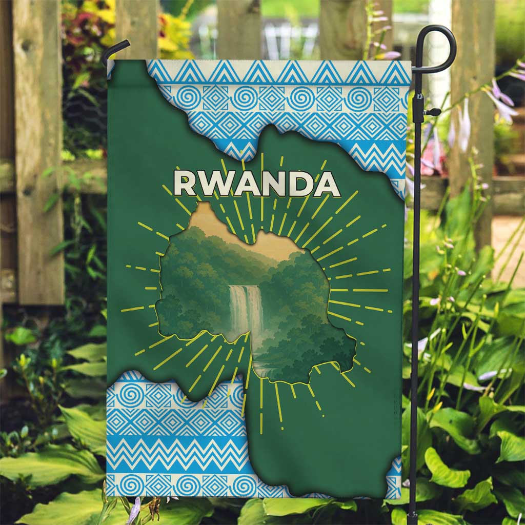 Rwanda Garden Flag with Green Nature Map Waterfall Sunburst Spirit