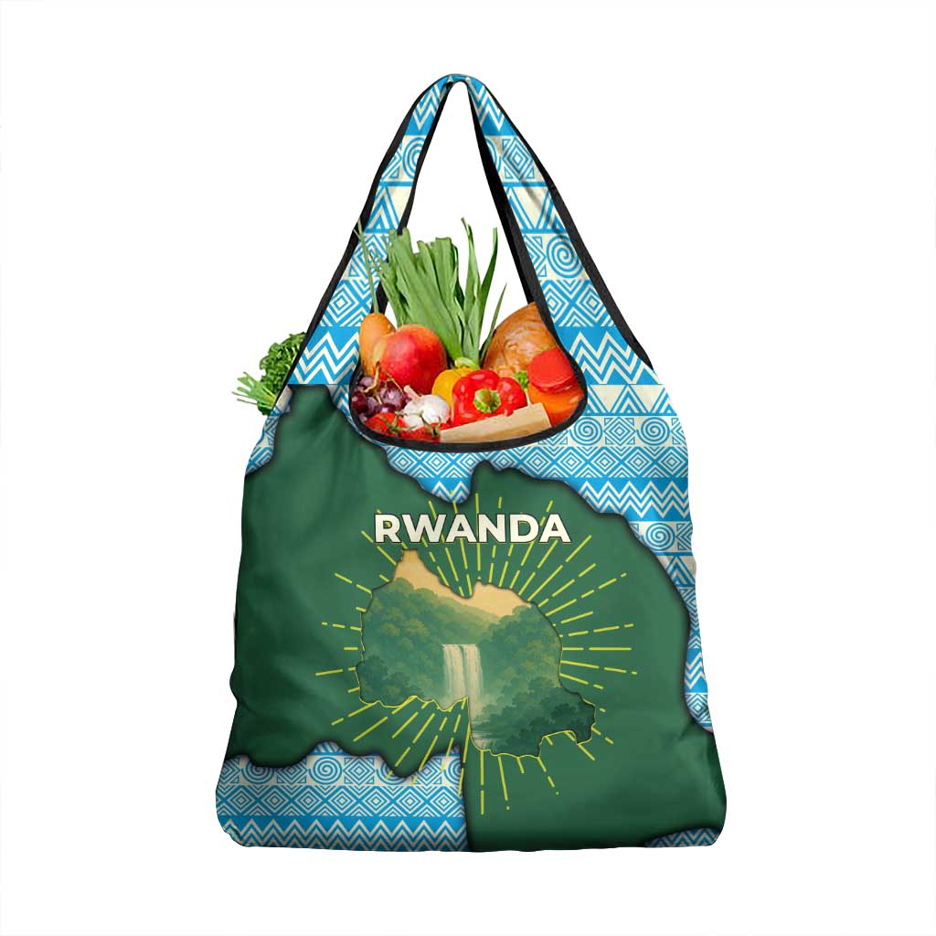 Rwanda Grocery Bag with Green Nature Map Waterfall Sunburst Spirit