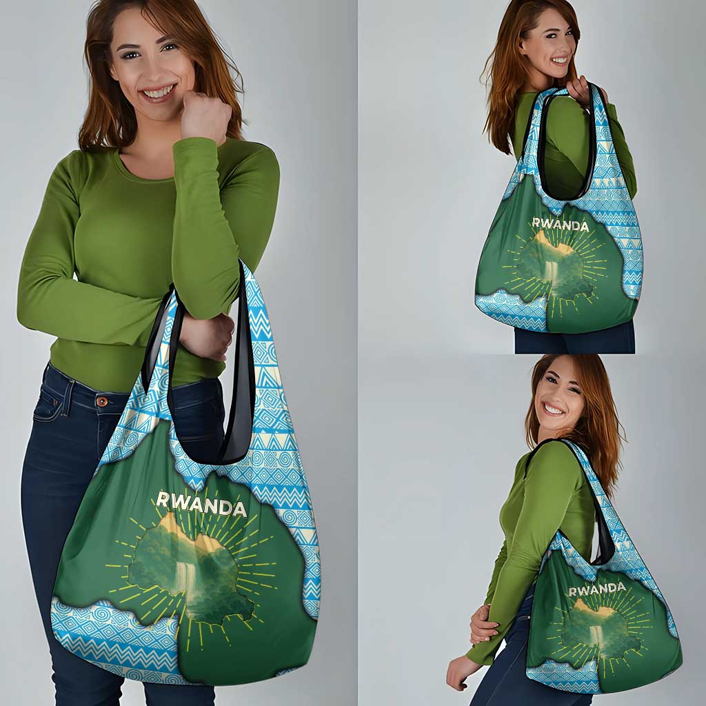 Rwanda Grocery Bag with Green Nature Map Waterfall Sunburst Spirit