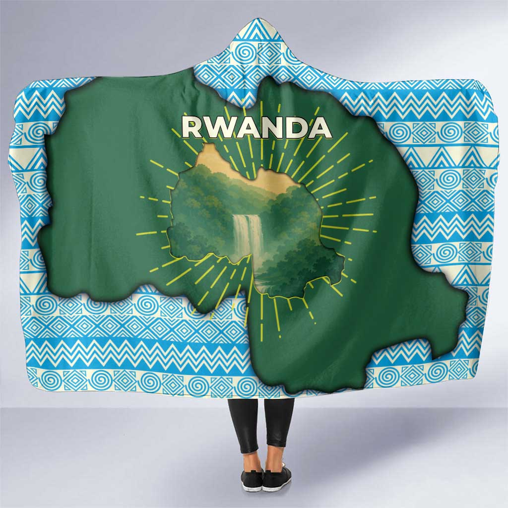 Rwanda Hooded Blanket with Green Nature Map Waterfall Sunburst Spirit