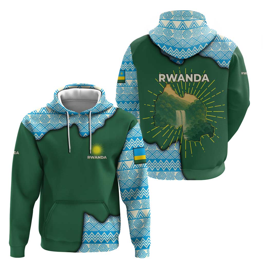 Rwanda Hoodie with Green Nature Map Waterfall Sunburst Spirit