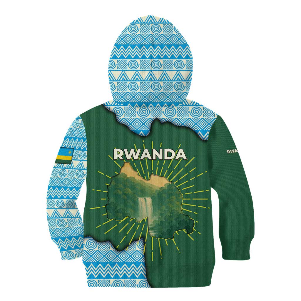 Rwanda Kid Hoodie with Green Nature Map Waterfall Sunburst Spirit