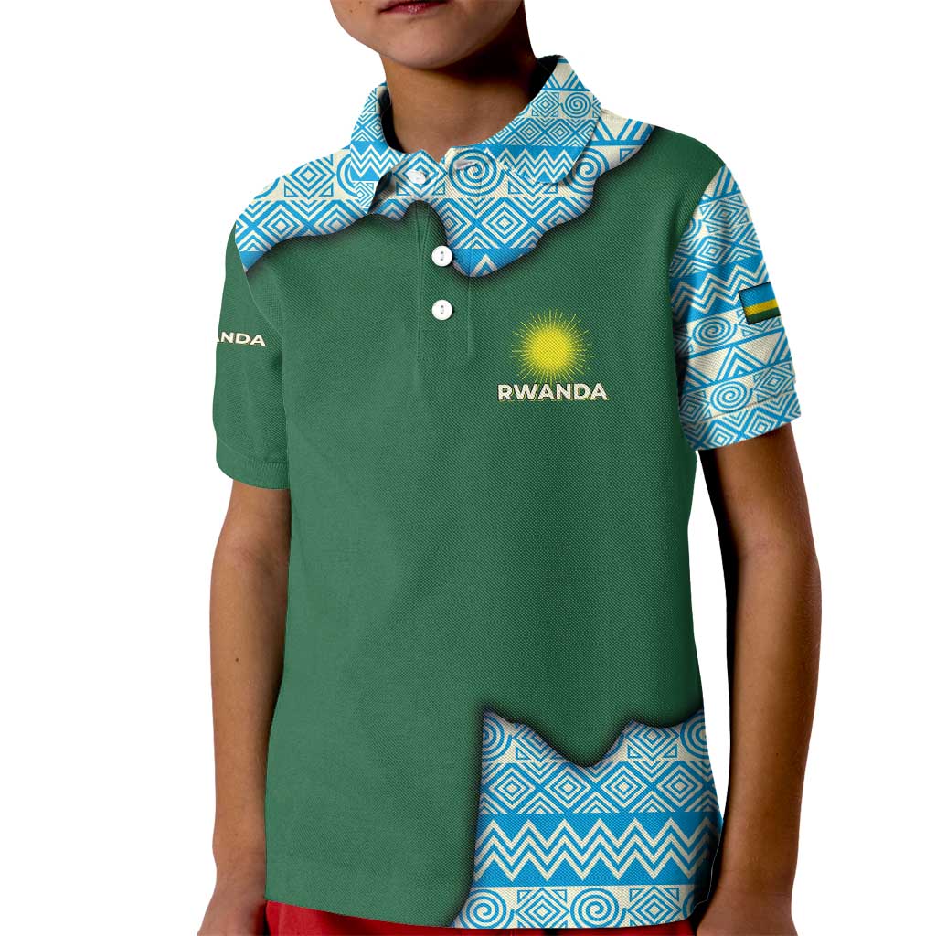 Rwanda Kid Polo Shirt with Green Nature Map Waterfall Sunburst Spirit