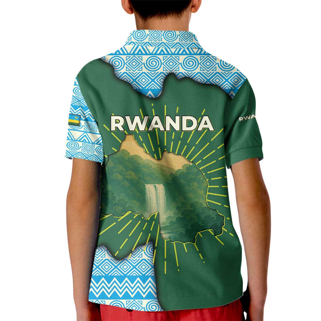 Rwanda Kid Polo Shirt with Green Nature Map Waterfall Sunburst Spirit