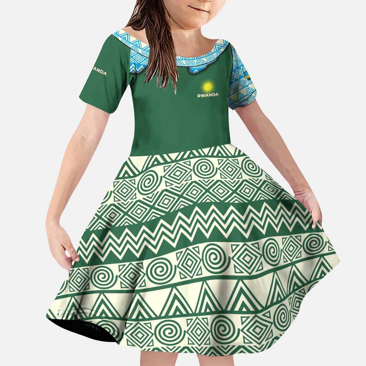 Rwanda Kid Short Sleeve Dress with Green Nature Map Waterfall Sunburst Spirit