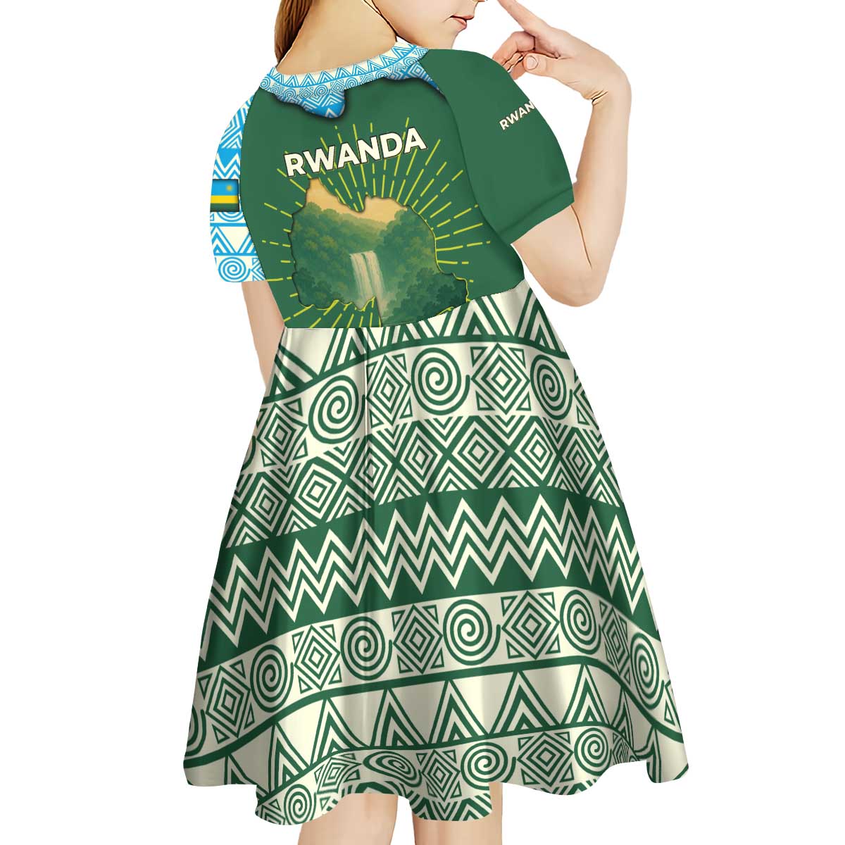 Rwanda Kid Short Sleeve Dress with Green Nature Map Waterfall Sunburst Spirit