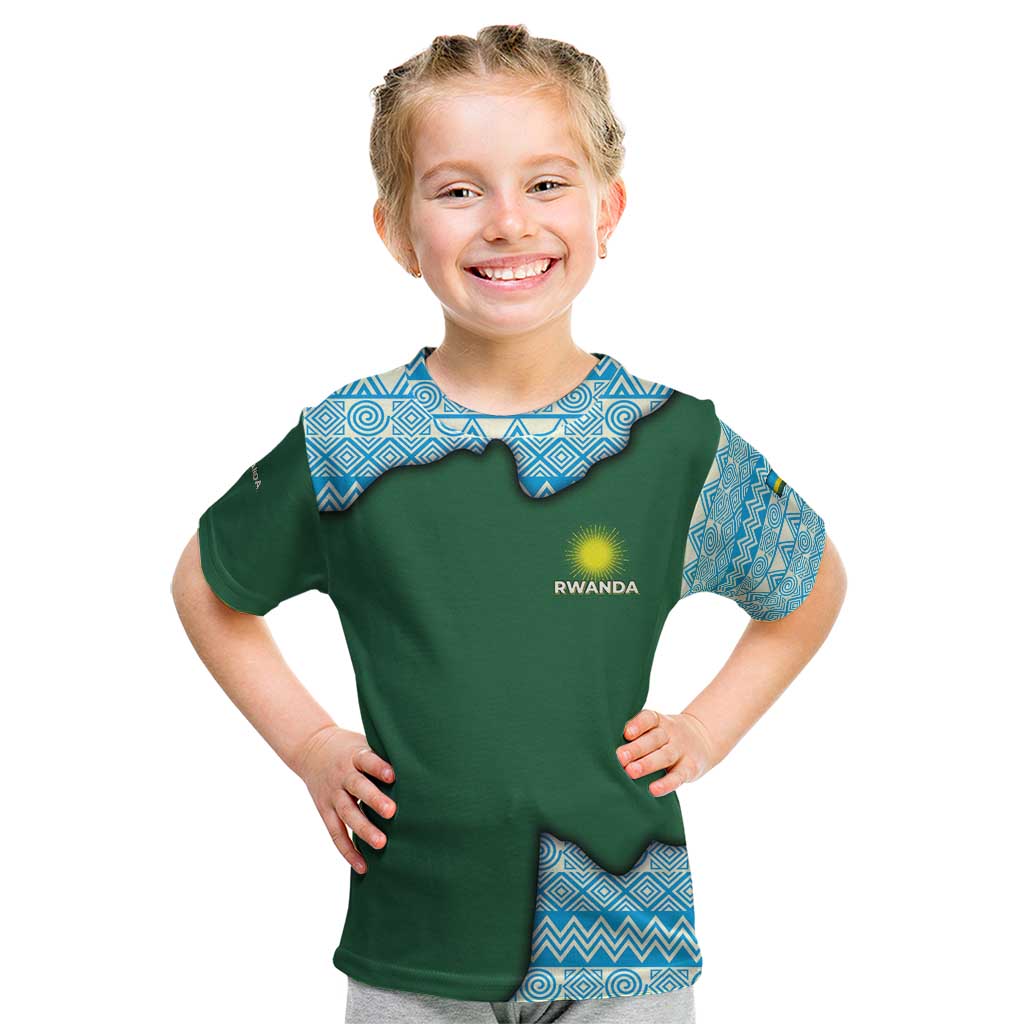 Rwanda Kid T Shirt with Green Nature Map Waterfall Sunburst Spirit