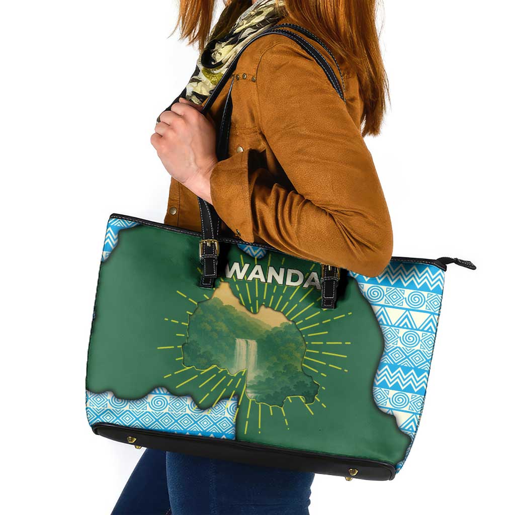 Rwanda Leather Tote Bag with Green Nature Map Waterfall Sunburst Spirit
