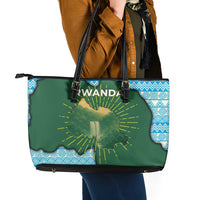 Rwanda Leather Tote Bag with Green Nature Map Waterfall Sunburst Spirit