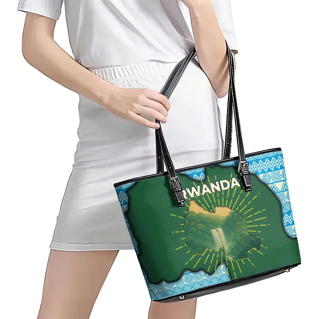 Rwanda Leather Tote Bag with Green Nature Map Waterfall Sunburst Spirit