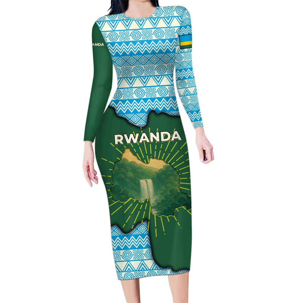 Rwanda Long Sleeve Bodycon Dress with Green Nature Map Waterfall Sunburst Spirit