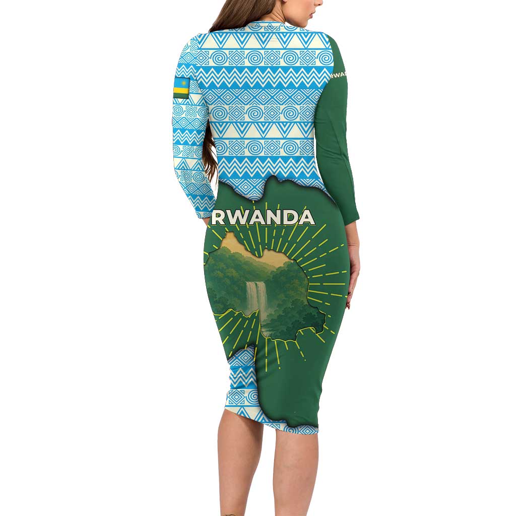 Rwanda Long Sleeve Bodycon Dress with Green Nature Map Waterfall Sunburst Spirit