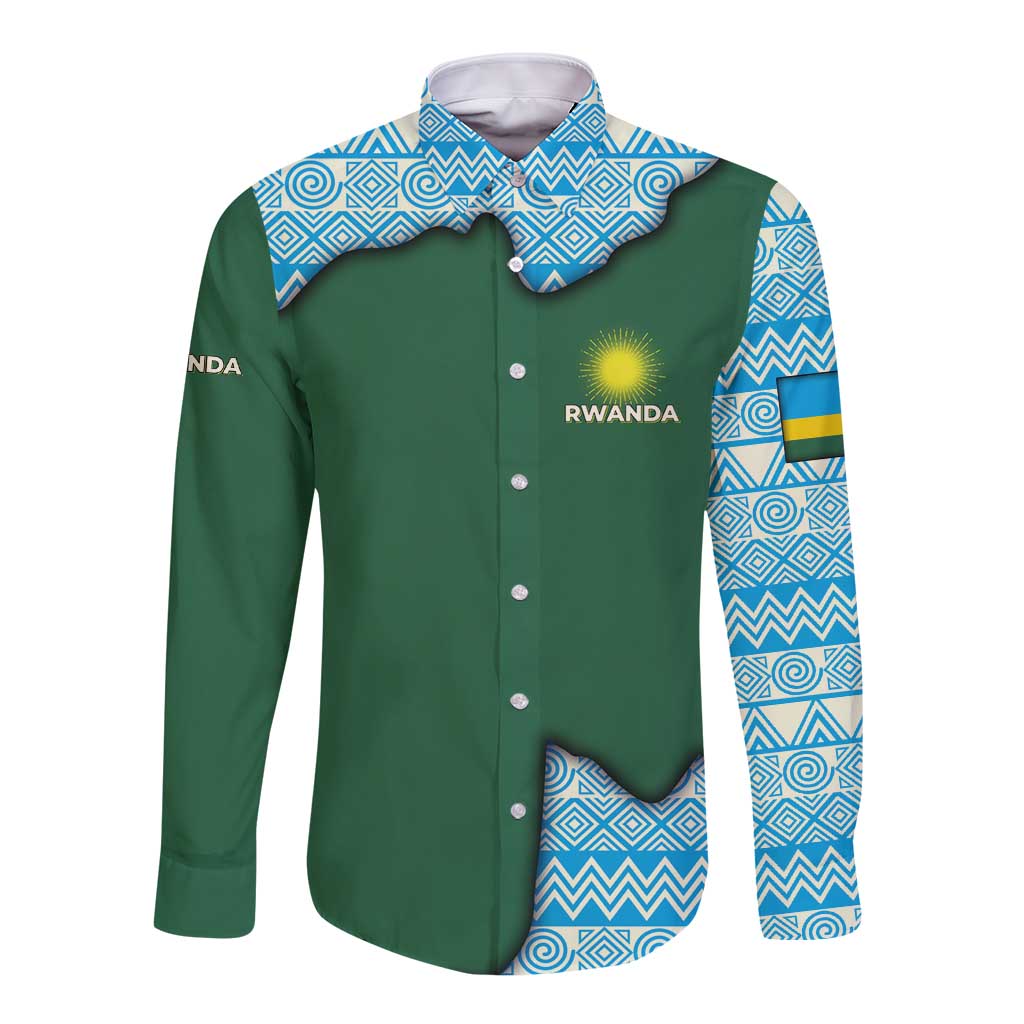 Rwanda Long Sleeve Button Shirt with Green Nature Map Waterfall Sunburst Spirit