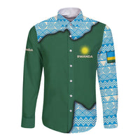 Rwanda Long Sleeve Button Shirt with Green Nature Map Waterfall Sunburst Spirit