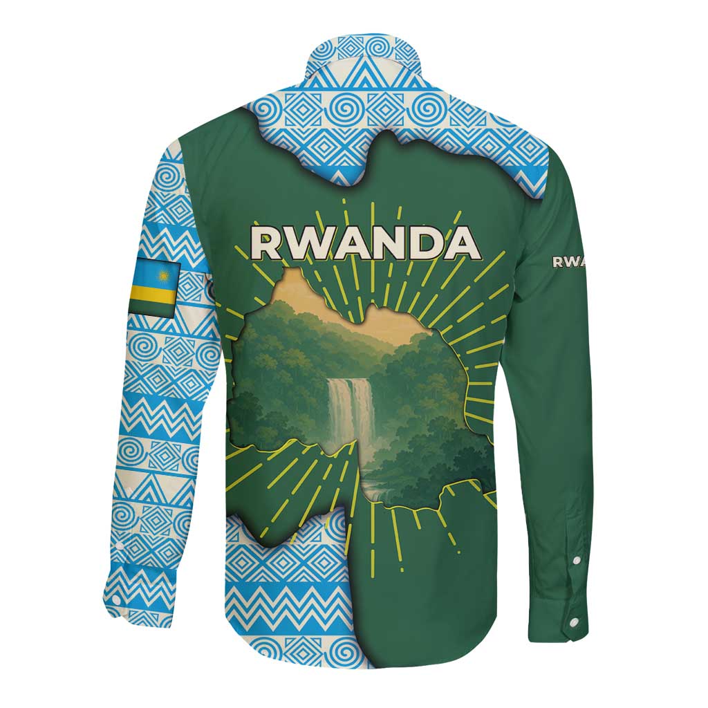 Rwanda Long Sleeve Button Shirt with Green Nature Map Waterfall Sunburst Spirit