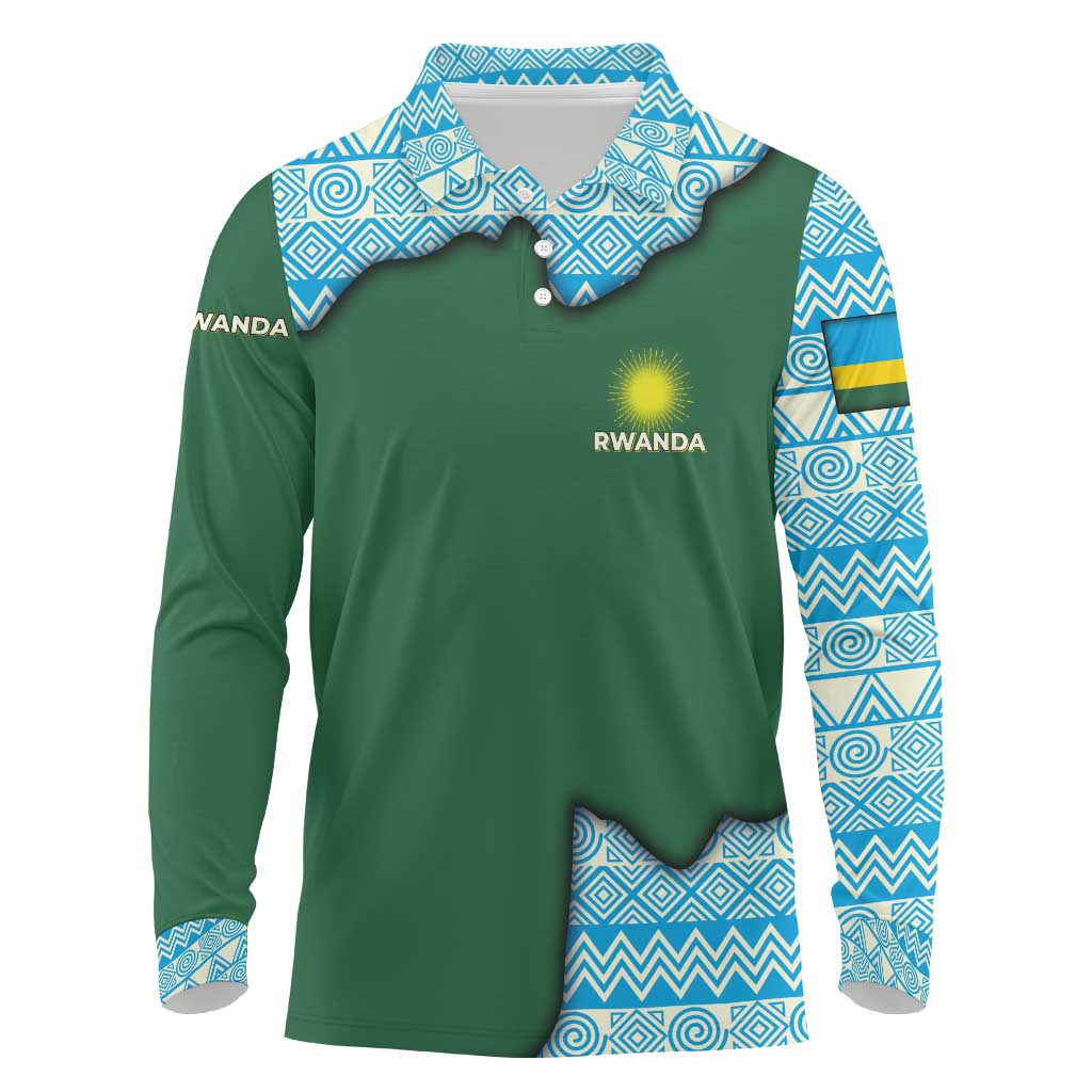 Rwanda Long Sleeve Polo Shirt with Green Nature Map Waterfall Sunburst Spirit