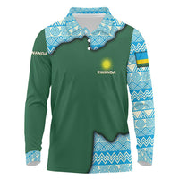 Rwanda Long Sleeve Polo Shirt with Green Nature Map Waterfall Sunburst Spirit