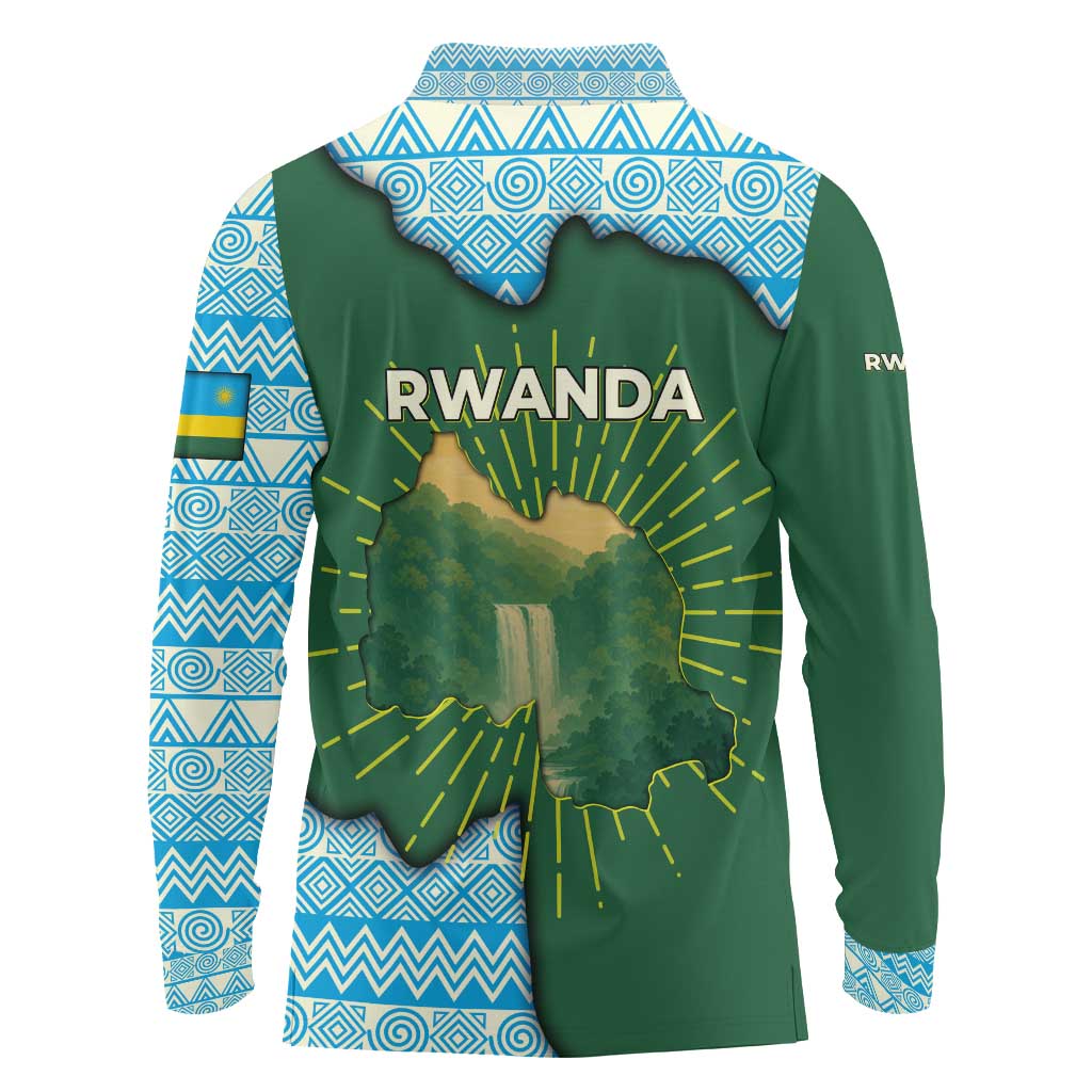 Rwanda Long Sleeve Polo Shirt with Green Nature Map Waterfall Sunburst Spirit