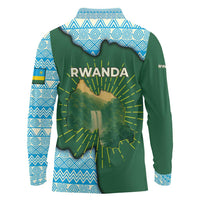 Rwanda Long Sleeve Polo Shirt with Green Nature Map Waterfall Sunburst Spirit