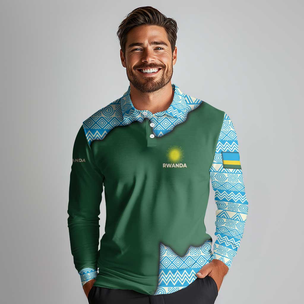 Rwanda Long Sleeve Polo Shirt with Green Nature Map Waterfall Sunburst Spirit