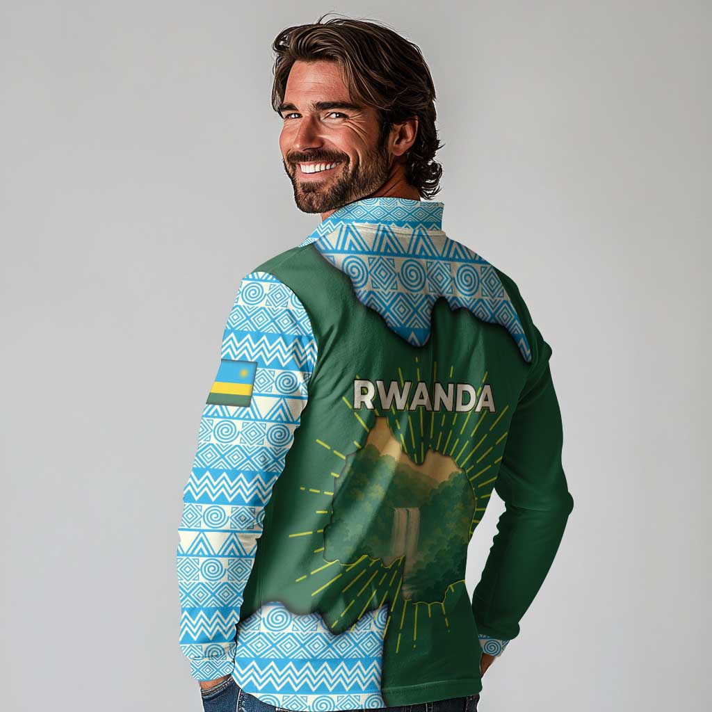 Rwanda Long Sleeve Polo Shirt with Green Nature Map Waterfall Sunburst Spirit
