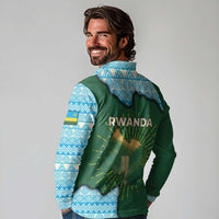Rwanda Long Sleeve Polo Shirt with Green Nature Map Waterfall Sunburst Spirit