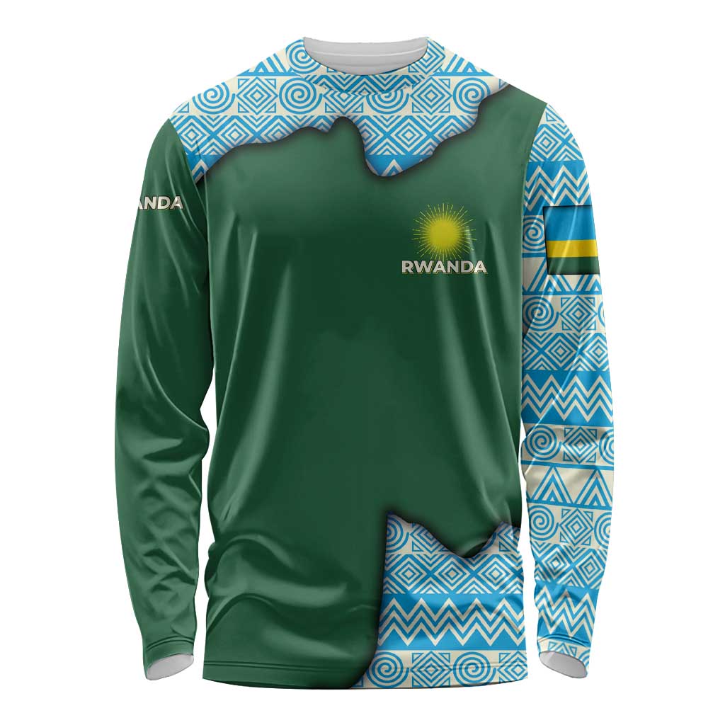 Rwanda Long Sleeve Shirt with Green Nature Map Waterfall Sunburst Spirit