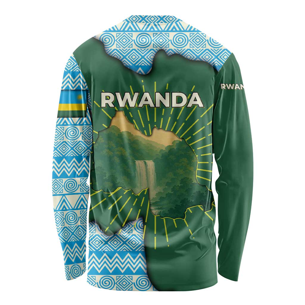 Rwanda Long Sleeve Shirt with Green Nature Map Waterfall Sunburst Spirit