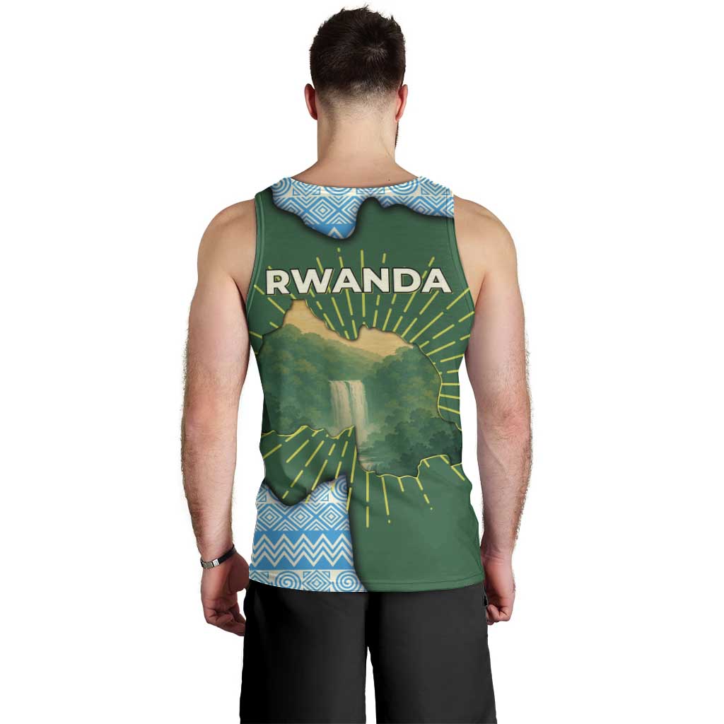 Rwanda Men Tank Top with Green Nature Map Waterfall Sunburst Spirit