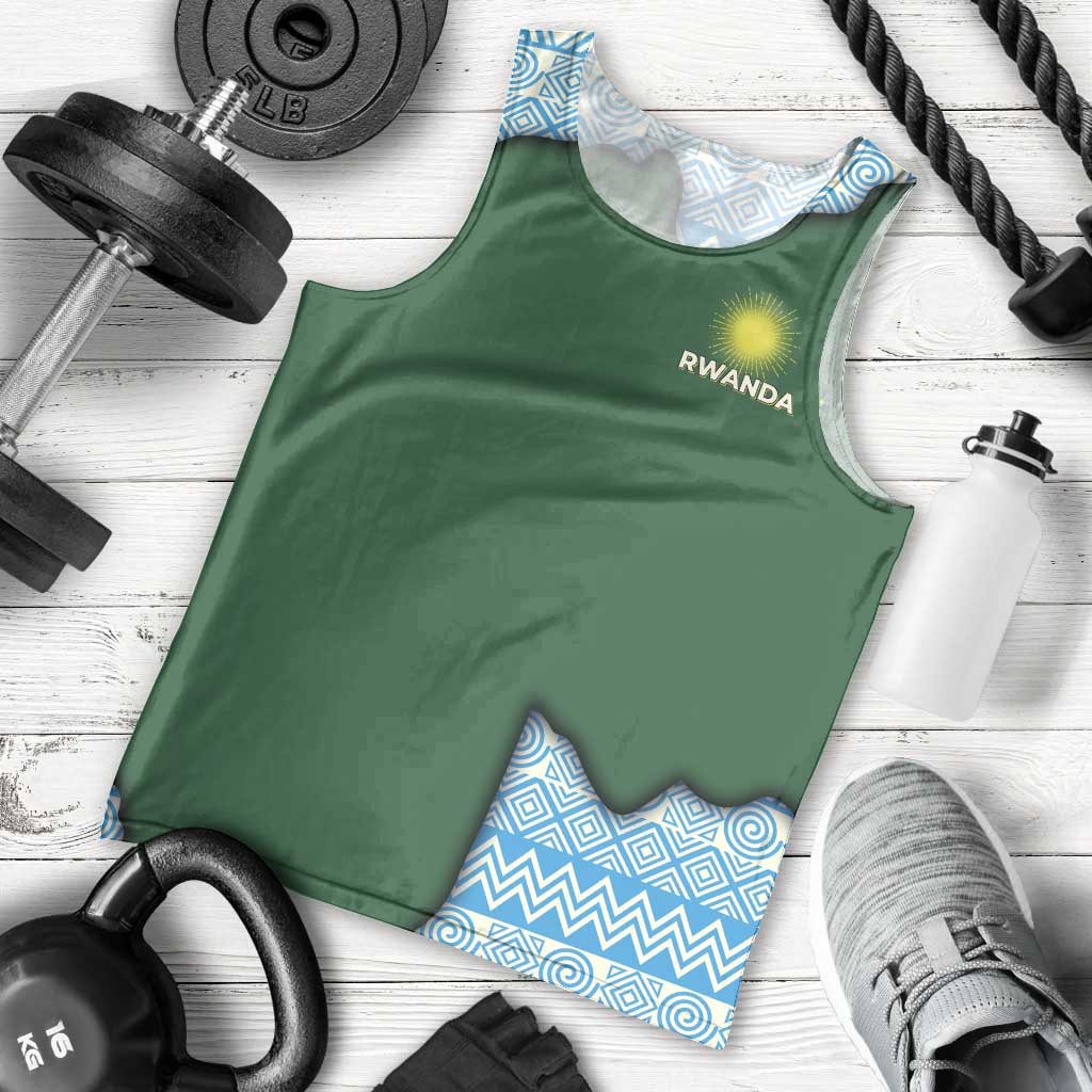 Rwanda Men Tank Top with Green Nature Map Waterfall Sunburst Spirit