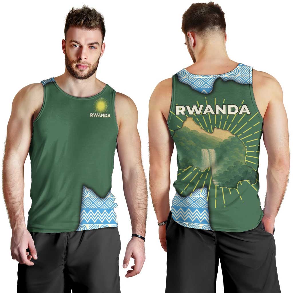 Rwanda Men Tank Top with Green Nature Map Waterfall Sunburst Spirit