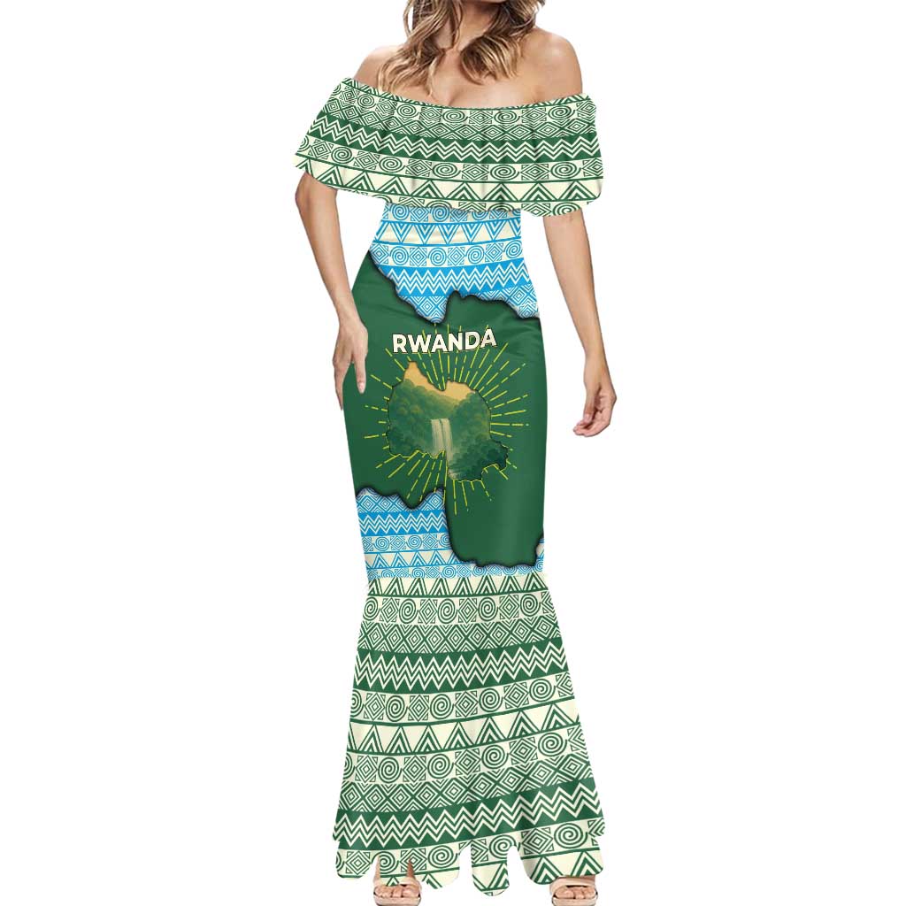 Rwanda Mermaid Dress with Green Nature Map Waterfall Sunburst Spirit