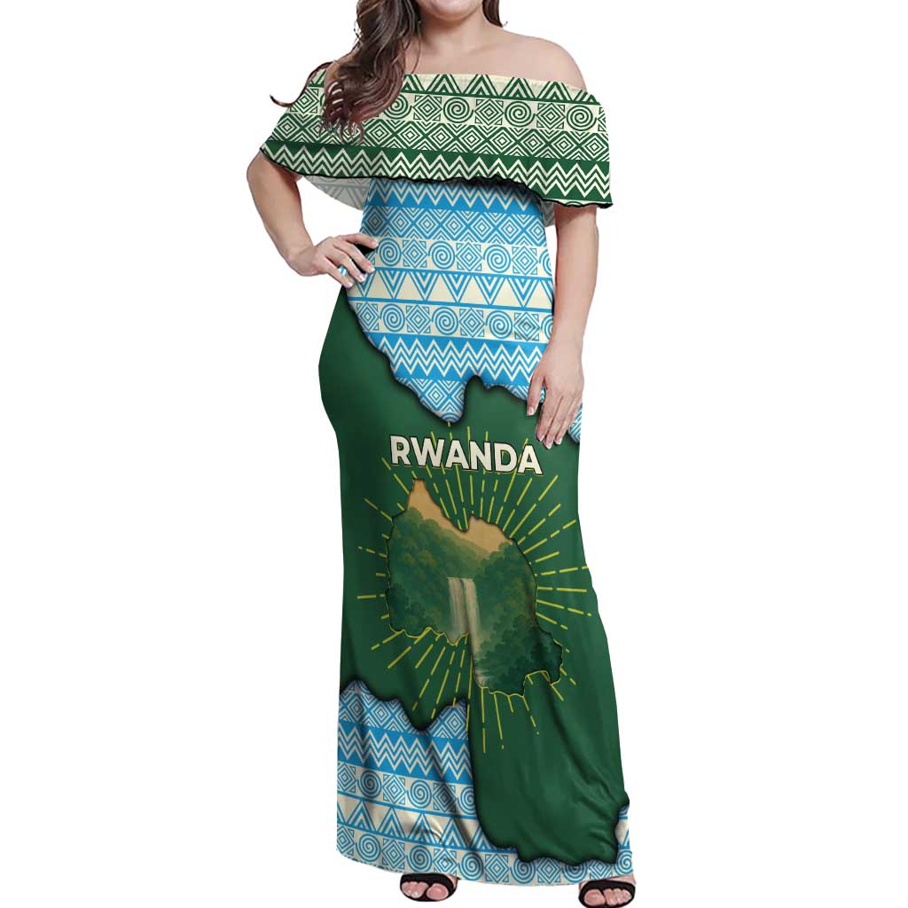 Rwanda Off Shoulder Maxi Dress with Green Nature Map Waterfall Sunburst Spirit