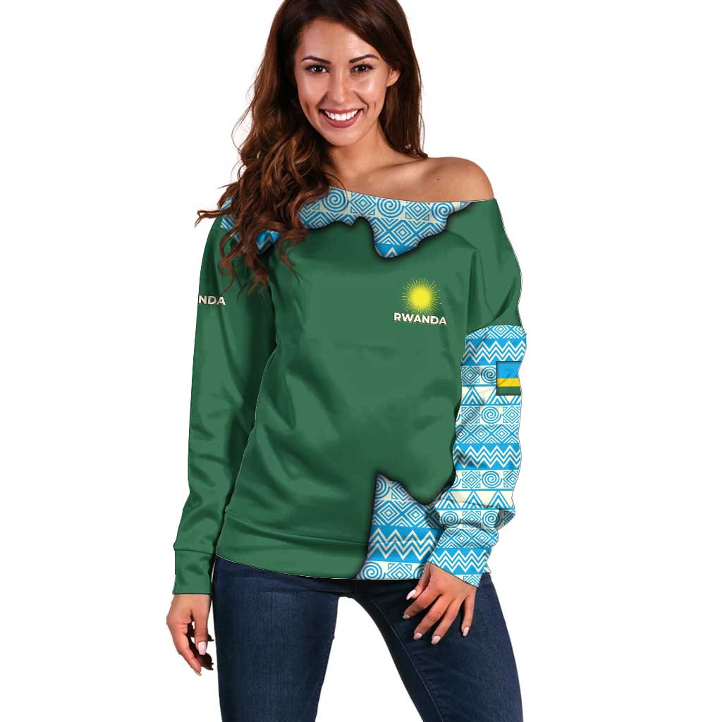 Rwanda Off Shoulder Sweater with Green Nature Map Waterfall Sunburst Spirit
