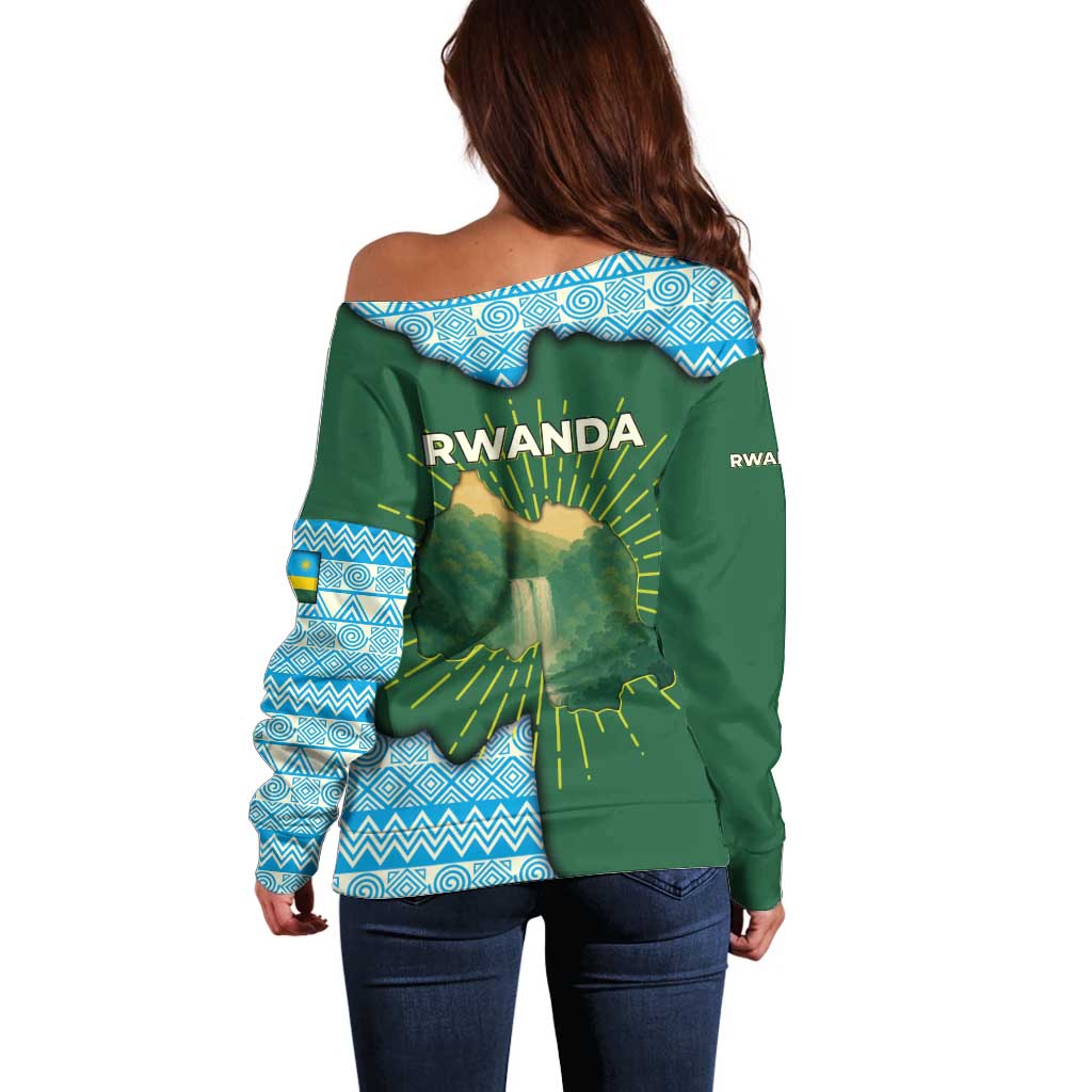 Rwanda Off Shoulder Sweater with Green Nature Map Waterfall Sunburst Spirit