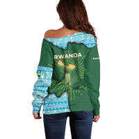Rwanda Off Shoulder Sweater with Green Nature Map Waterfall Sunburst Spirit